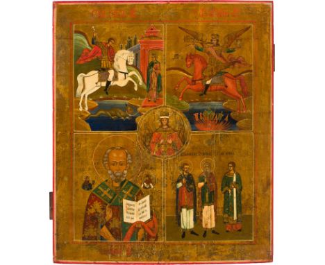 A LARGE QUADRI-PARTITE ICON SHOWING ST. GEORGE, THE ARCHANGEL MICHAEL, ST. NICHOLAS OF MYRA AND STS. SAMON, GURIY AND AVIV Ru