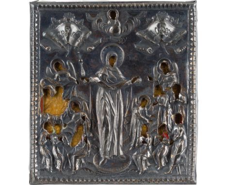 A SMALL ICON SHOWING THE MOTHER OF GOD 'JOY TO ALL WHO GRIEVE' WITH A SILVER OKLAD Russian, late 18th century (icon), Russian