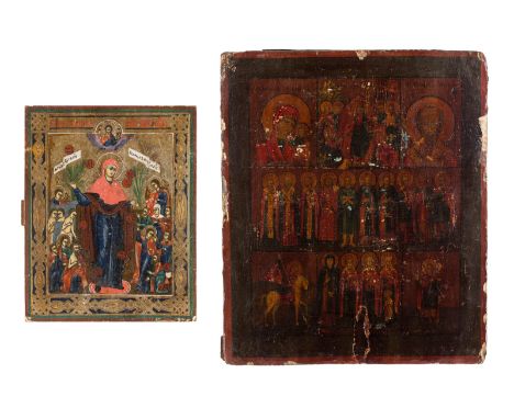 TWO ICONS SHOWING THE MOTHER OF GOD 'JOY TO ALL WHO GRIEVE WITH THE COINS' AND A MULTI-PARTITE ICON Russland, 19. Jh. Russian