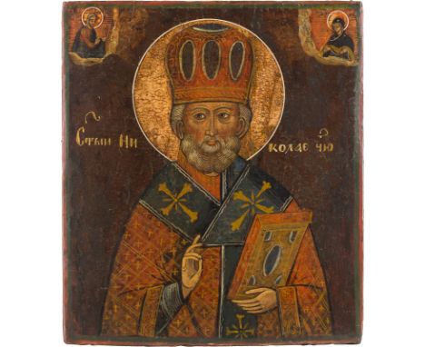 AN ICON SHOWING ST. NICHOLAS OF MYRA Russian, 19th century Tempera on wood panel. Restorations. 27 x 23.5 cm.     IKONE MIT D