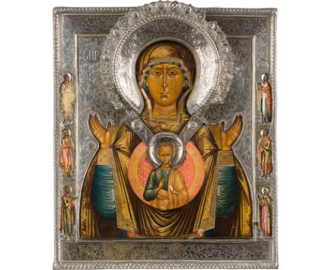 AN ICON SHOWING THE MOTHER OF GOD OF THE SIGN WITH A SILVER RIZA Russian, circa 1800 (icon), Russian, circa 1800 (riza) Tempe