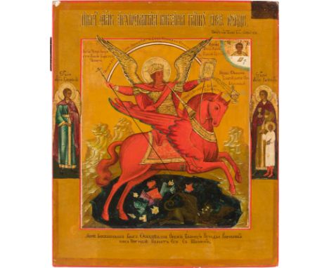AN ICON SHOWING THE ARCHANGEL MICHAEL AS HORSEMAN OF THE APOCALYPSE Russian, late 19th century Tempera on wood panel with kov