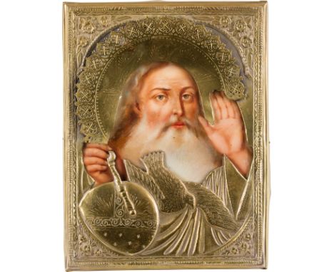 A RARE ICON SHOWING GOD FATHER WITH OKLAD Russian, 2nd half 19th century Oil on wood panel. Overlaid with a chased brass okla