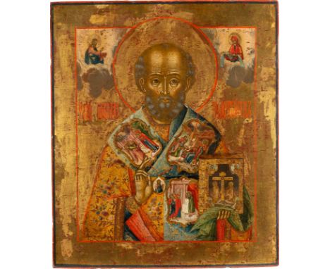 A VERY FINE ICON SHOWING ST. NICHOLAS OF MYRA Russian, Nevyansk, mid 19th century Tempera on wood panel. Executed in bright c