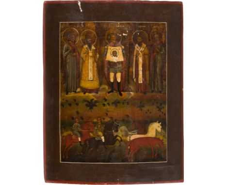 A LARGE ICON SHOWING STS. FLORUS AND LAURUS Russian, 19th century Tempera on wood panel. Vertical crack restored. 41 x 33.2 c