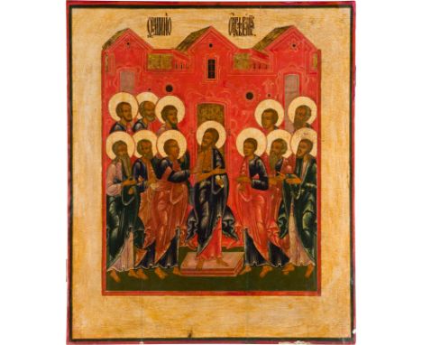 A MONUMENTAL AND RARE ICON SHOWING THE INCREDULITY OF ST. THOMAS Russian, 18th century Tempera on wood panel with kovcheg. Ch