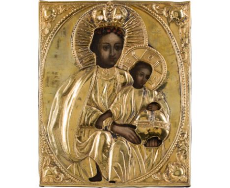 AN ICON SHOWING THE MOTHER OF GOD SHESTOKOVSKAYA WITH A SILVER-GILT OKLAD Russian, mid 18th century Oil on wood panel. Overla