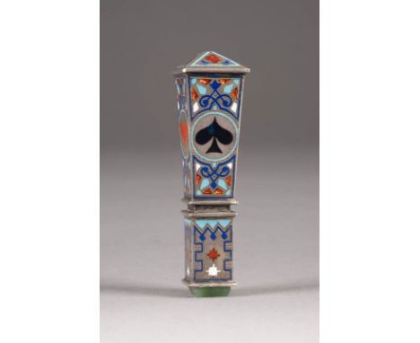 A SILVER AND CHAMPLEVÉ ENAMEL HAND SEAL WITH SKAT CARDS SYMBOLS Russian, Moscow, late 19th century Marked with city hallmark,