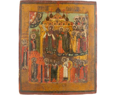 AN ICON SHOWING THE POKROV Russian, 17th century Tempera on wood panel with kovcheg. The traditional iconography is supplemen