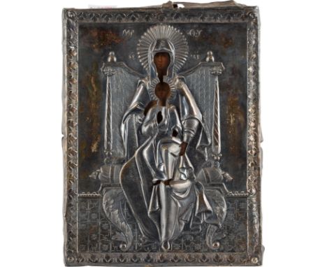 A SMALL ICON SHOWING THE ENTHRONED MOTHER OF GOD WITH A SILVER OKLAD (MOTHERHOOD) Russian, 19th century (icon), Russian, Mosc