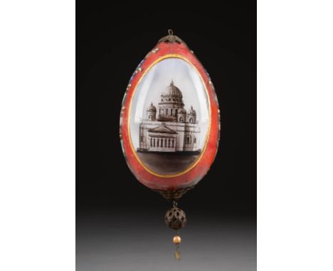 A GLASS EASTER EGG WITH THE KAZAN CATHEDRAL IN ST. PETERSBURG Russian, circa 1900 Colourless glass, the interior red painted,