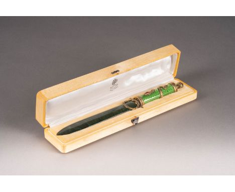 A SILVER-GILT AND GUILLOCHÉ ENAMEL PAPER KNIFE modern With nephrite blade. Bearing spurious Russian hallmarks and master's ma