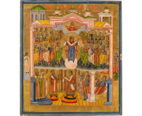A LARGE ICON SHOWING THE POKROV Russian, Vetka, mid 19th century Tempera on wood panel. Executed on a gold ground. Two select