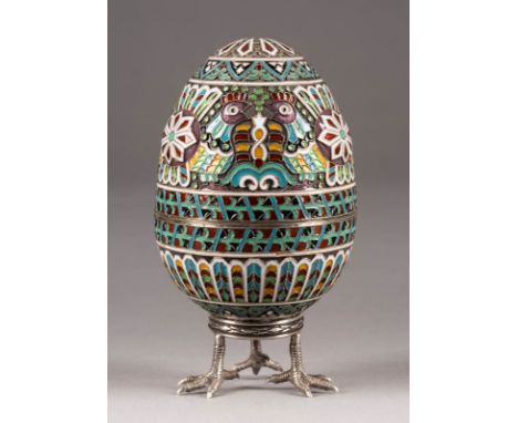 A SILVER AND CLOISONNÉ ENAMEL EGG-SHAPED BOX WITH STAND 2nd half 20th century The body enamelled with rooster motifs. Bearing
