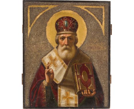 AN ICON SHOWING ST. NICHOLAS OF MYRA Russian, late 19th century Oil on wood panel. The halo and background made of gold. 34.2