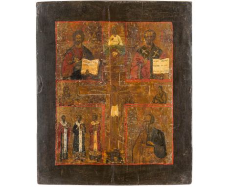 A QUADRI-PARTITE ICON SHOWING THE CRUCIFIXION, CHRIST PANTOKRATOR AND SELECTED SAINTS HEILIGEN Russian, 19th century Russland