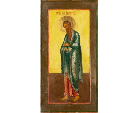 A LARGE ICON SHOWING ANDREW THE APOSTEL Russian, 19th century Tempera on wood panel with kovcheg. The halo made of gold. Mini