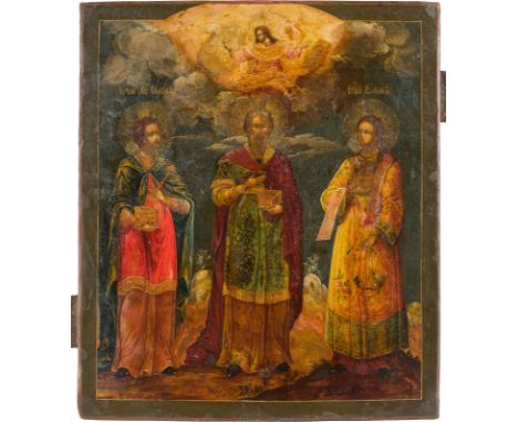 AN ICON SHOWING STS. SAMON, GURIY AND AVIV Russian, circa 1830 Tempera on wood panel. Partially restored. 35.5 x 30.8 cm.    