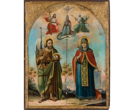 A LARGE DATED ICON SHOWING THE CORONATION OF THE MOTHER OF GOD AND TWO SAINTS JOHANNES DER VORLÄUFER Romanian, dated 1889 Rum
