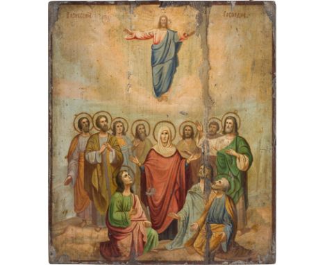 AN ICON SHOWING THE ASCENSION OF CHRISTI Russian, mid 19th century Oil on wood panel. Vertical crack, minor losses. 35.6 x 30
