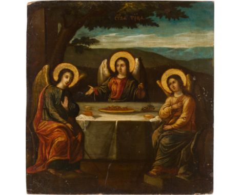 A LARGE ICON SHOWING THE OLD TESTAMENT TRINITY Russian, early 19th century Oil on wood panel. The haloes made of gold. Minor 