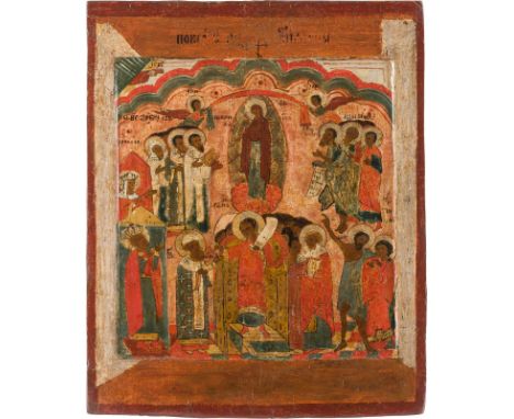 AN ICON SHOWING THE POKROV Russian, 17th century Tempera on wood panel with kovcheg. Areas of restoration. 30.5 x 24.5 cm.   