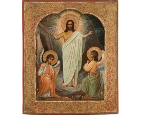 A LARGE SIGNED AND DATED ICON SHOWING THE RESURRECTION OF CHRIST Russian, Palekh, V. Khokhlov, dated 1901 Tempera and oil on 