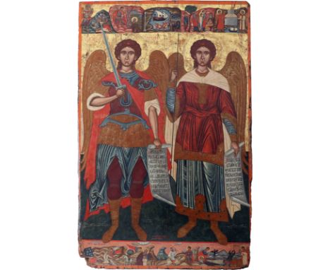 A MONUMENTAL DATED ICON SHOWING THE ARCHANGELS MICHAEL AND GABRIEL Greek, dated 1716 Tempera on wood panel. Executed on a gol