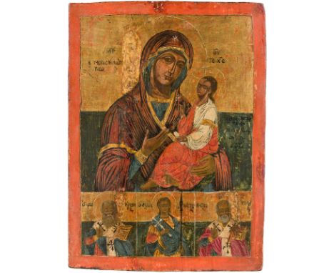 A LARGE DATED ICON SHOWING THE HODIGITRIA MOTHER OF GOD AND THREE SAINTS Greek, dated 1811 Tempera on wood panel. Executed on