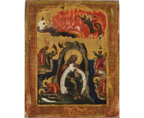 AN ICON SHOWING THE PROPHET ELIJAH IN THE DESERT AND HIS FIERY ASCENT TO HEAVEN Russian, late 19th century Tempera on wood pa