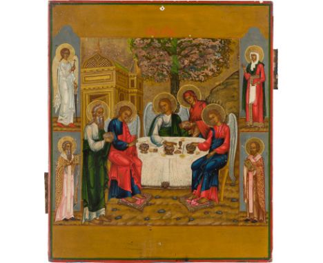 AN ICON SHOWING THE OLD TESTAMENT TRINITY Russian, 19th century Tempera on wood panel with kovcheg. Exeucted on a gold ground