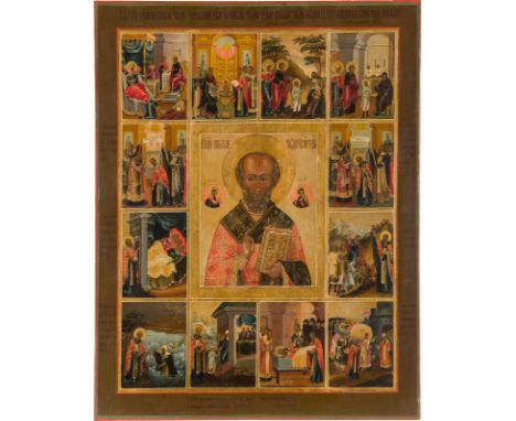 A MONUMENTAL VITA ICON OF ST. NICHOLAS OF MYRA Russian, 19th century Tempera on wood panel. Finely executed with gold highlig