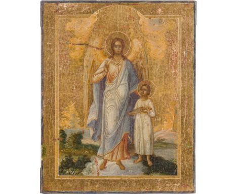 A RARE AND SMALL ICON SHOWING THE ARCHANGEL RAPHAEL AND TOBIAS Russian, 2nd half 19th century Oil on wood panel. Executed on 