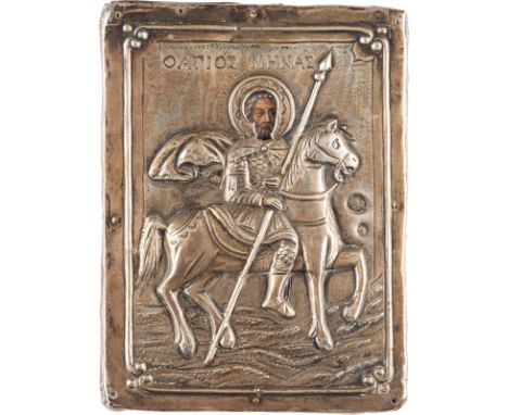 A MINIATURE ICON SHOWING ST. MENAS WITH A SILVER OKLAD Greek, 19th century (icon), Ottoman Empire, after 1844 (oklad) Tempera