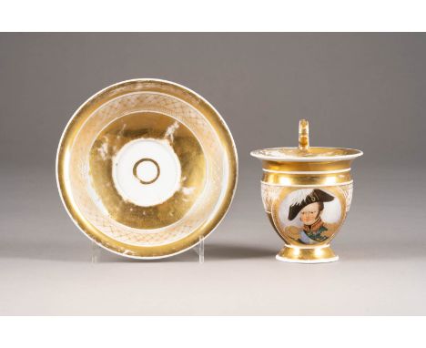 A PORCELAIN CUP WITH THE PORTRAIT OF ALEXANDER I. OF RUSSIA AND SAUCER Russia, Gardner Porcelain Manufactory, circa 1820 Mark