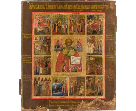 A VITA ICON OF ST. NICHOLAS OF MYRA Russian, 19th century Tempera on wood panel with kovcheg. Executed on a gold ground. Loss