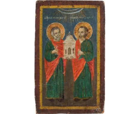 AN ICON SHOWING THE APOSTELES PETER AND PAUL Greek, 19th century Oil on wood panel. The haloes made of gold. Partially restor
