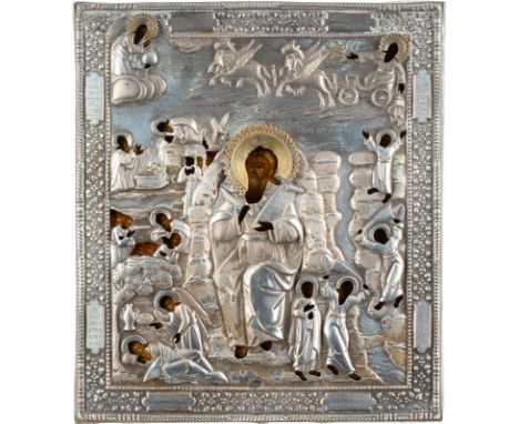 AN ICON SHOWING EPISODES FROM THE LIFE OF THE PROPHET ELIJAH IN THE DESERT AND HIS FIERY ASCENT TO HEAVEN WITH OKLAD Russian,
