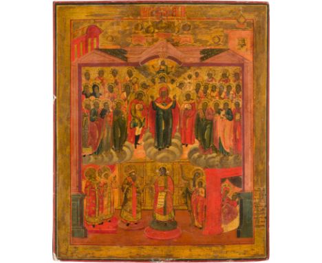 A LARGE ICON SHOWING THE PROTECTING VEIL OF THE MOTHER OF GOD Russian, Vetka, 19th century Tempera on wood panel. Executed on