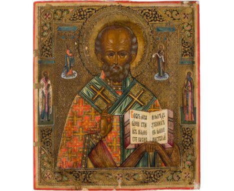 AN ICON SHOWING ST. NICHOLAS OF MYRA Russian, late 19th century Tempera on wood panel. Against a gold tooled background, the 