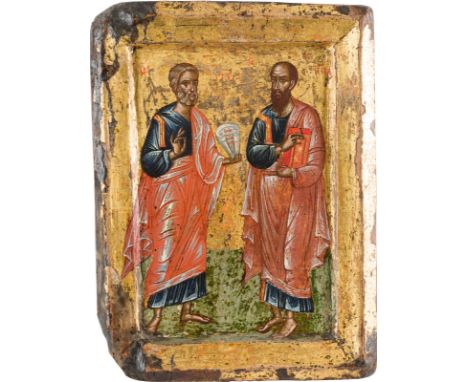A SMALL DOUBLE-SIDED ICON SHOWING THE APOSTLES PETER AND PAUL AND THE DORMITION OF THE MOTHER OF GOD Greek, early 16th centur