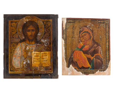 TWO ICONS SHOWING THE VLADIMIRSKAYA MOTHER OF GOD AND CHRIST PANTORKATOR Russian, 2nd half 19th century Tempera on wood panel