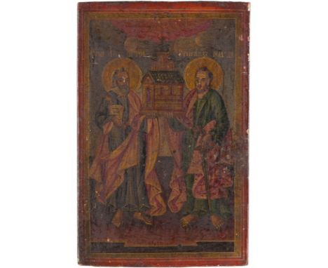 A LARGE ICON SHOWING THE APOSTLES PETER AND PAUL Greek, 19th century Oil on wood panel. The haloes made of gold. The border m