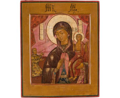 A SMALL ICON SHOWING THE MOTHER OF GOD 'OF UNEXPECTED JOY' Russian, circa 1800 Tempera on wood panel with kovcheg. The haloes