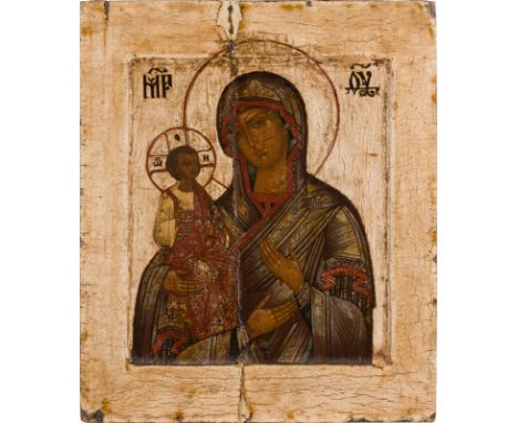 AN ICON SHOWING THE THREE-HANDED MOTHER OF GOD Russian, 18th century Tempera on wood panel with kovcheg. The garments folds m