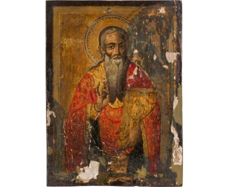 AN ICON SHOWING ST. HARALAMPOS Greek, 19th century Oil on wood panel. Executed on a gold ground. Losses, restored. 29.8 x 21.