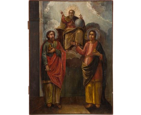 A LARGE ICON SHOWING STS. COSMAS AND DAMIAN West Russian, mid 19th century Oil on wood panel. Areas of restoration. 54 x 39.5