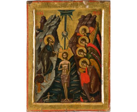 A MONUMENTAL AND FINE ICON SHOWING THE BAPTISM OF CHRIST Greek, 17th century Tempera on wood panel with kovcheg. Finely execu