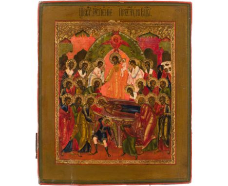 AN ICON SHOWING THE DORMITION OF THE MOTHER OF GOD Russian, late 19th century Tempera on wood panel. The tooled haloes with s