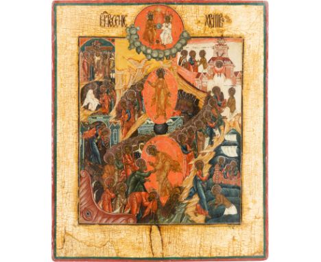 AN ICON SHOWING THE RESURRECTION OF CHRIST AND THE DESCENT INTO HELL Russian, 19th century Tempera on wood panel with kovcheg